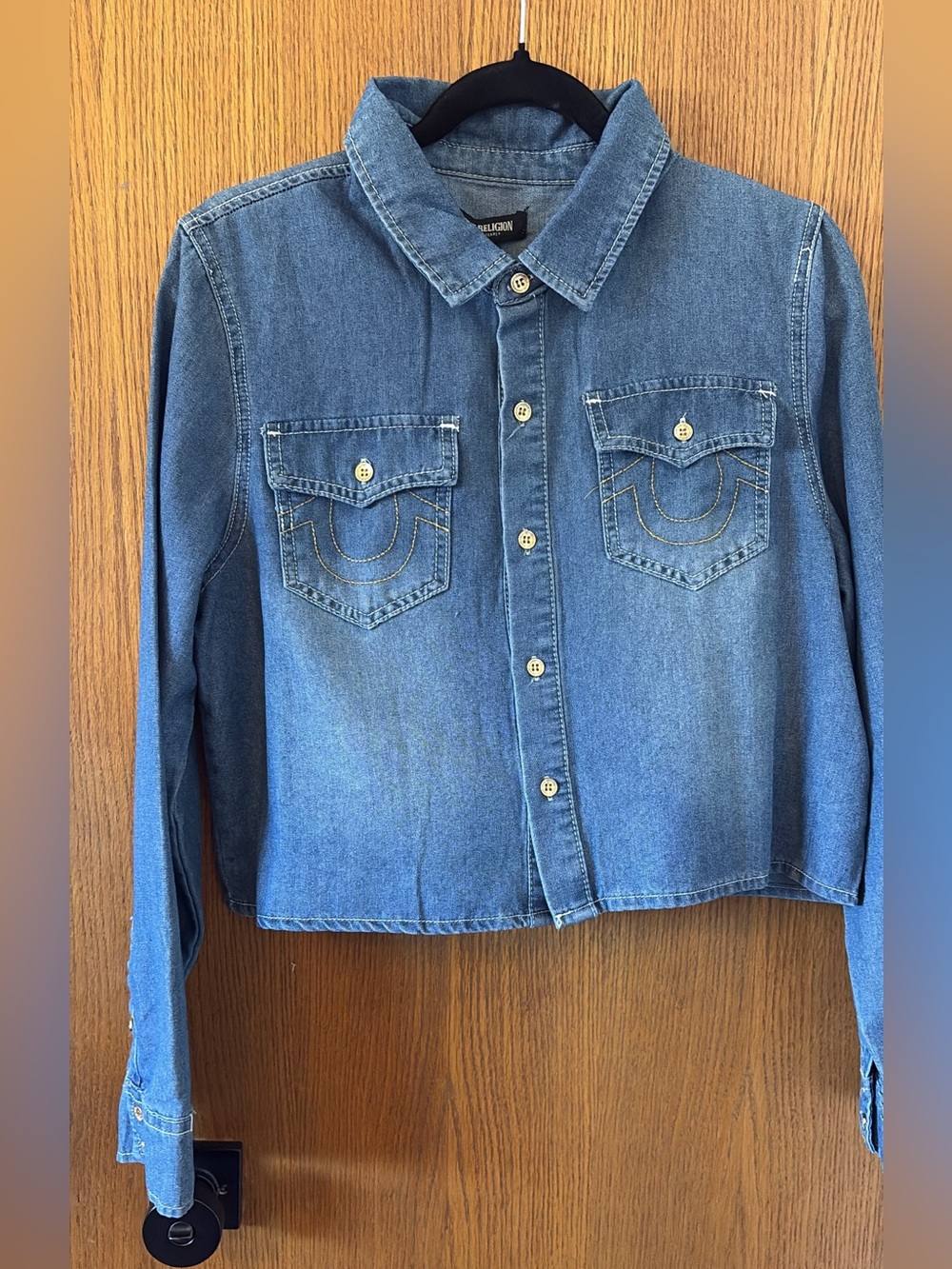 True Religion Light Wash Denim Cropped Button-Front Shirt
